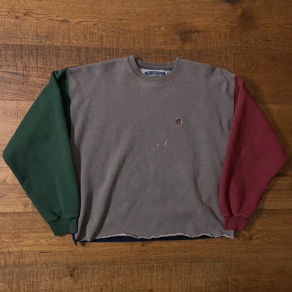Tommy Hilfiger Sweatshirt Mens XL Multi Preppy Colorblock Boxy Crop Raw Hem